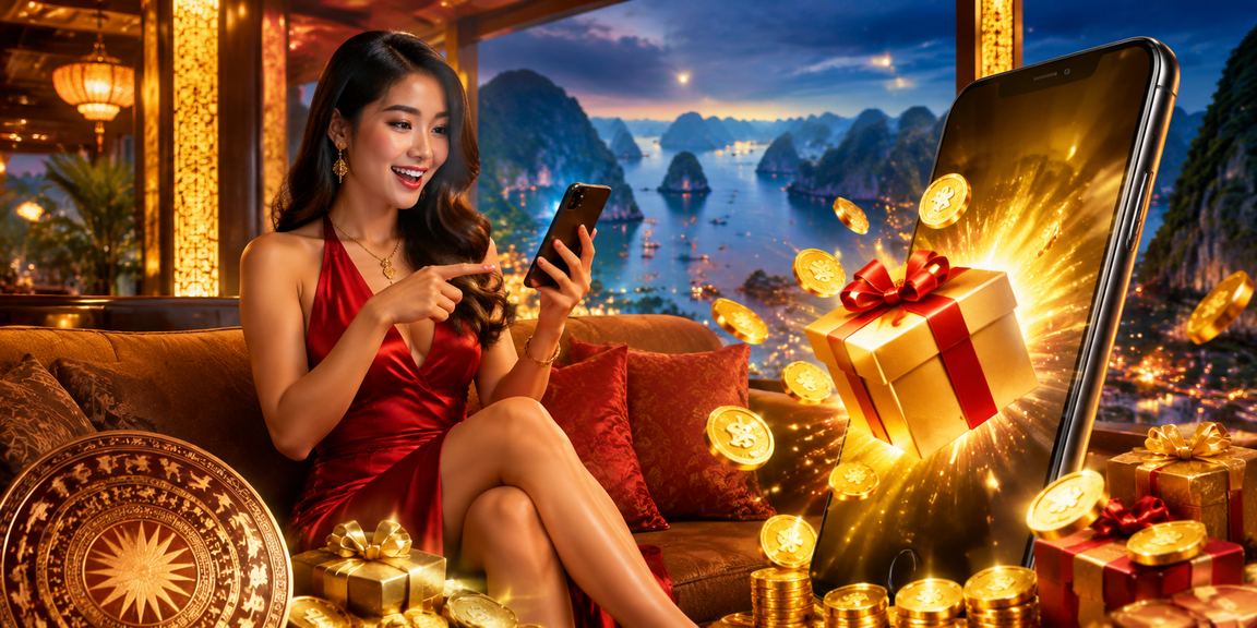 Người dùng truy cập trang thể thao xsmm trên điện thoại với cảnh Vịnh Hạ Long phía sau