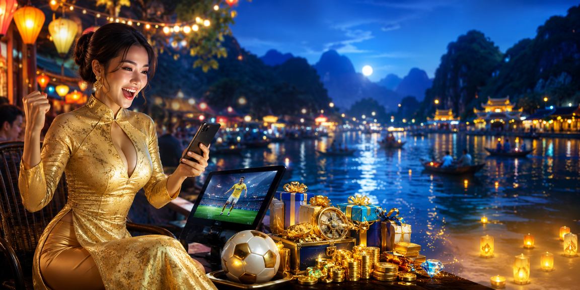 Phụ nữ mặc áo dài truyền thống tại Ninh Bình vớiđiện thoại đang theo dõi kèo thể thao xsmm giữa khung cảnh thiên nhiên Ninh Bình